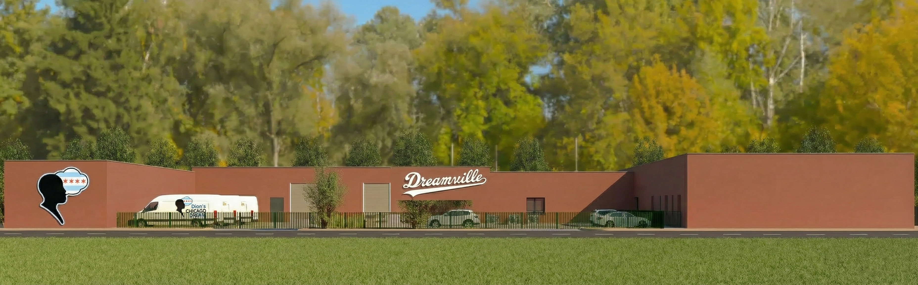 Street elevation rendering of the Dreamville campus with the Dreamville sign